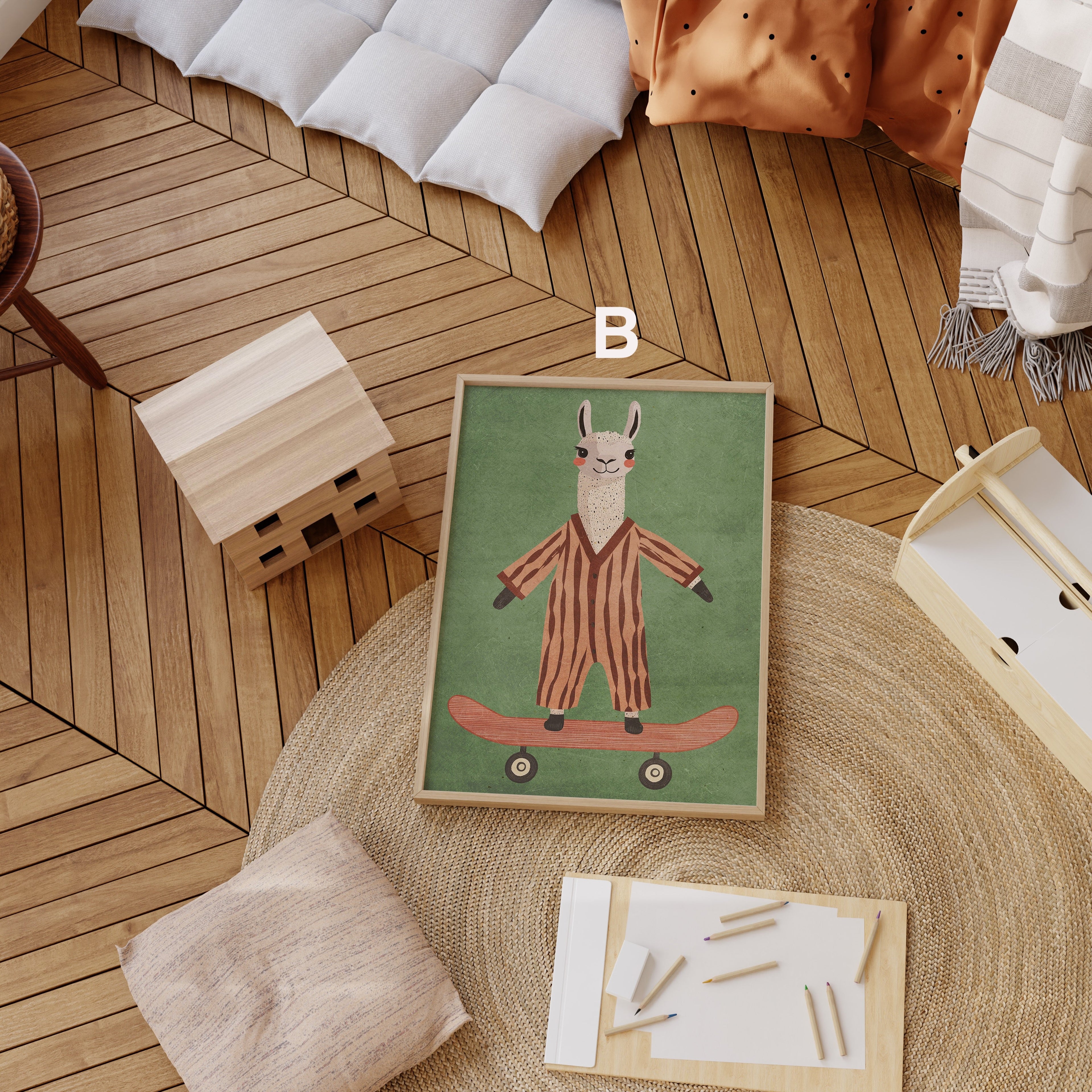 Skateboard Waldtiere Poster Kinderzimmer · Geschenkidee für Kinder · Dalmatiner Löwe Fuchs Lama Koala Bär · Deko Print ohne Rahmen