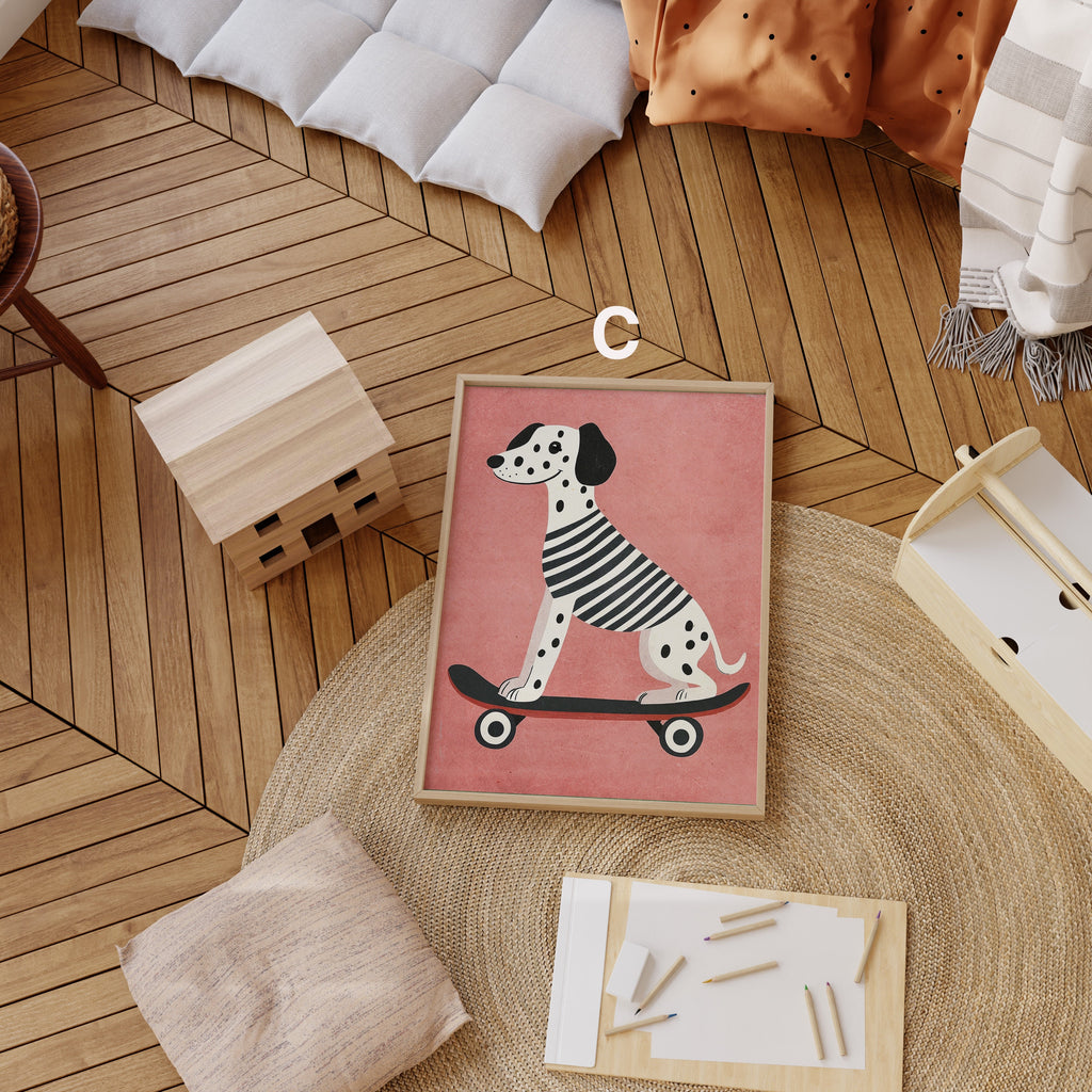 Skateboard Waldtiere Poster Kinderzimmer · Geschenkidee für Kinder · Dalmatiner Löwe Fuchs Lama Koala Bär · Deko Print ohne Rahmen