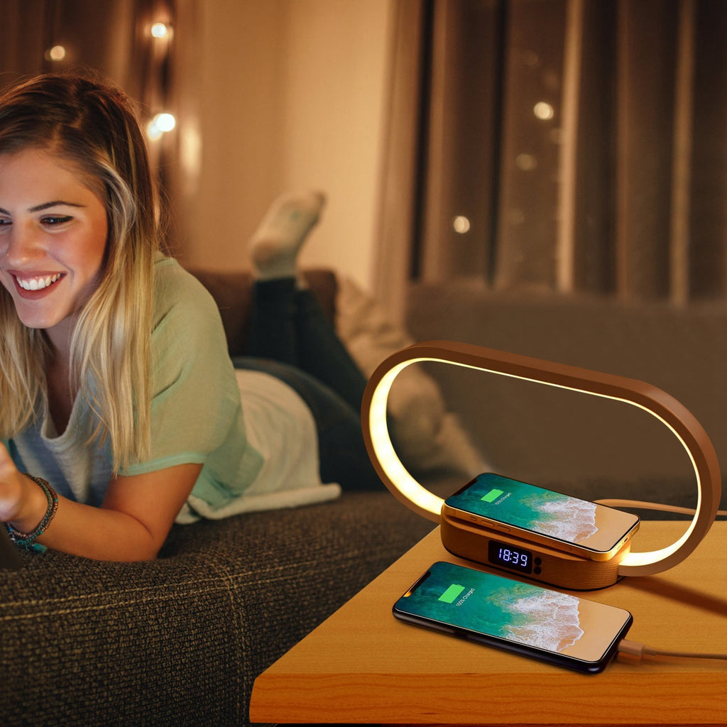 Nachttischlampe mit Touch-Steuerung, Uhr & kabellosem Laden – dimmbare LED-Lampe