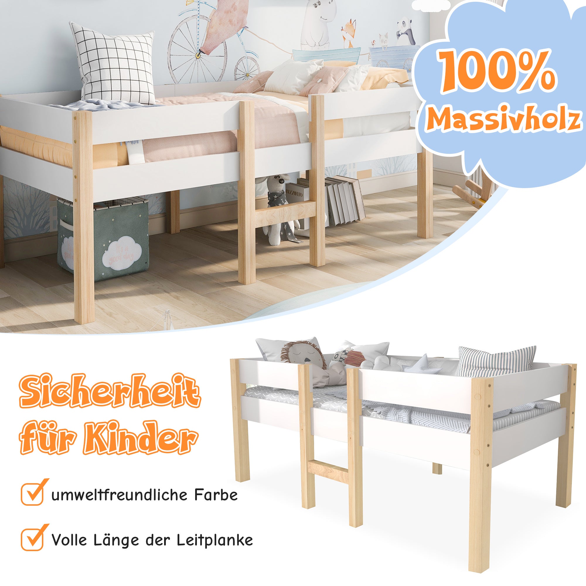 Massives Kinderbett aus Kiefernholz – Perfekt für Jungen & Mädchen – 200 x 90 cm